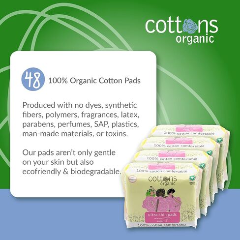 فوط نسائية عضوية رفيعة للغاية من القطن العضوي للنساء بأجنحة | 48- مغلفة منفردة | غير معطر | خالي من الكلور | غطاء من القطن العضوي | قدرة امتصاص فائقة (4 عبوات من 12 قطعة) in Kuwait
