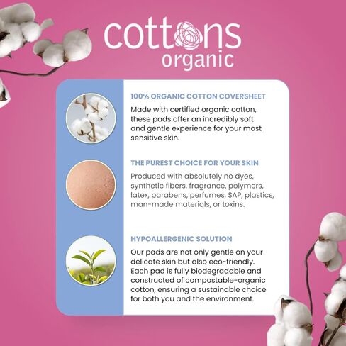 فوط نسائية عضوية رفيعة للغاية من القطن العضوي للنساء بأجنحة | 48- مغلفة منفردة | غير معطر | خالي من الكلور | غطاء من القطن العضوي | قدرة امتصاص فائقة (4 عبوات من 12 قطعة) in Kuwait