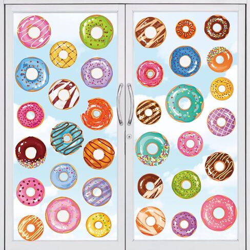Whaline Donuts Window Clings ملون الكعك نمط نافذة الشارات الحلو دونات الحلوى على الوجهين يطبع ملصقات PVC لفصل الصيف حفلة عيد ميلاد نافذة زجاج مرآة الديكور، 4 أوراق in Saudi Arabia