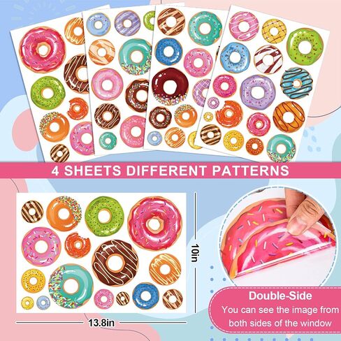 Whaline Donuts Window Clings ملون الكعك نمط نافذة الشارات الحلو دونات الحلوى على الوجهين يطبع ملصقات PVC لفصل الصيف حفلة عيد ميلاد نافذة زجاج مرآة الديكور، 4 أوراق in Saudi Arabia