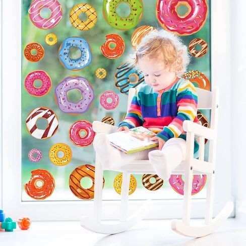 Whaline Donuts Window Clings ملون الكعك نمط نافذة الشارات الحلو دونات الحلوى على الوجهين يطبع ملصقات PVC لفصل الصيف حفلة عيد ميلاد نافذة زجاج مرآة الديكور، 4 أوراق in Saudi Arabia