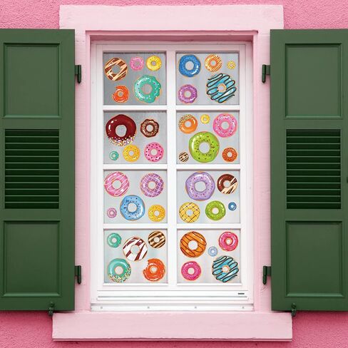 Whaline Donuts Window Clings ملون الكعك نمط نافذة الشارات الحلو دونات الحلوى على الوجهين يطبع ملصقات PVC لفصل الصيف حفلة عيد ميلاد نافذة زجاج مرآة الديكور، 4 أوراق in Saudi Arabia