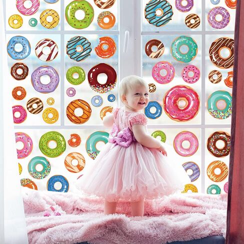 Whaline Donuts Window Clings ملون الكعك نمط نافذة الشارات الحلو دونات الحلوى على الوجهين يطبع ملصقات PVC لفصل الصيف حفلة عيد ميلاد نافذة زجاج مرآة الديكور، 4 أوراق in Saudi Arabia