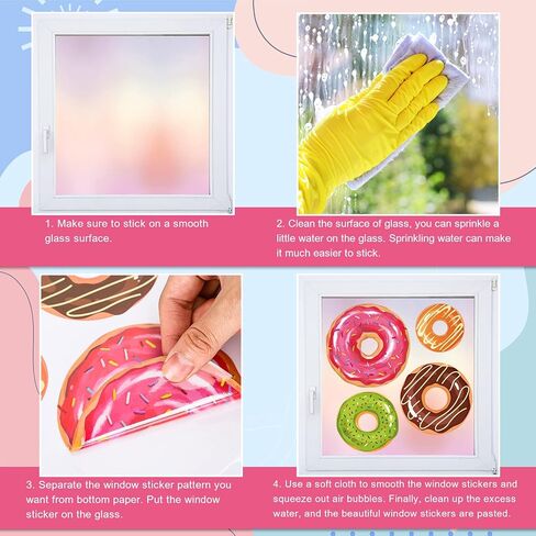 Whaline Donuts Window Clings ملون الكعك نمط نافذة الشارات الحلو دونات الحلوى على الوجهين يطبع ملصقات PVC لفصل الصيف حفلة عيد ميلاد نافذة زجاج مرآة الديكور، 4 أوراق in Saudi Arabia