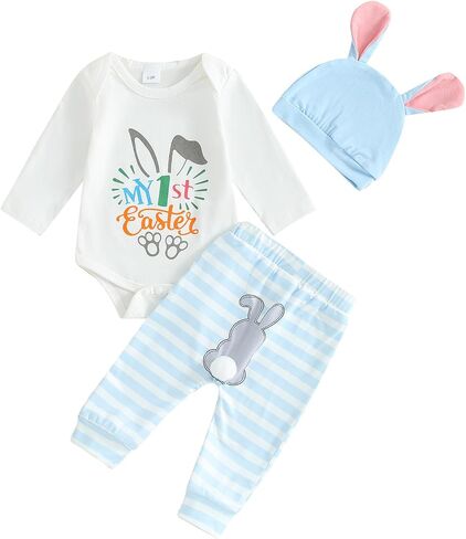 DNOMAID YZARC Easter Outfits Baby Girl Boy My 1st Easter Long Sleeve Romper Bodysuit Stripe Bunny Pant Hat 3Pcs Clothes Set in Kuwait