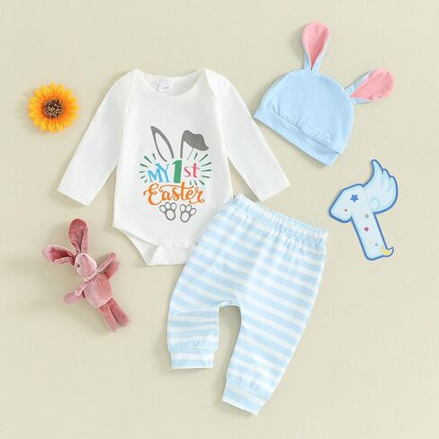 DNOMAID YZARC Easter Outfits Baby Girl Boy My 1st Easter Long Sleeve Romper Bodysuit Stripe Bunny Pant Hat 3Pcs Clothes Set in Kuwait