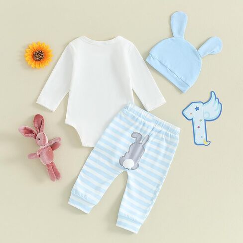 DNOMAID YZARC Easter Outfits Baby Girl Boy My 1st Easter Long Sleeve Romper Bodysuit Stripe Bunny Pant Hat 3Pcs Clothes Set in Kuwait