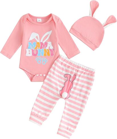 DNOMAID YZARC Easter Outfits Baby Girl Boy My 1st Easter Long Sleeve Romper Bodysuit Stripe Bunny Pant Hat 3Pcs Clothes Set in Kuwait