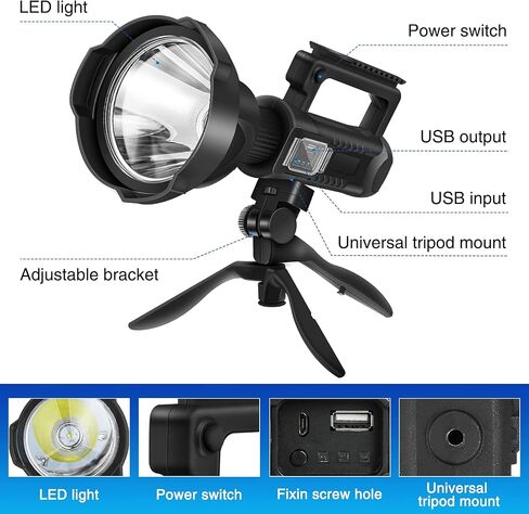 Chanarily Rechargeable Spotlight Flashlight 100000 Lumens with Tripod IPX5 Waterproof Handheld Spotlight 4 Modes Search Light for Camping, Fishing, Hunting, Hiking, Emergency&Other Outdoor Activities in Saudi Arabia