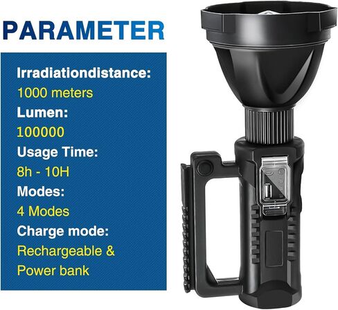 Chanarily Rechargeable Spotlight Flashlight 100000 Lumens with Tripod IPX5 Waterproof Handheld Spotlight 4 Modes Search Light for Camping, Fishing, Hunting, Hiking, Emergency&Other Outdoor Activities in Saudi Arabia