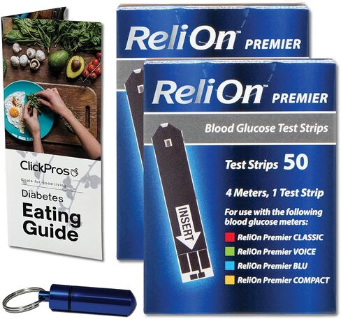 ReliOn Reli On Premier شرائط اختبار نسبة الجلوكوز في الدم، 2 حزمة - 50 قيراط (100 إجمالي) تتضمن "دليل تناول الطعام لمرضى السكري" الحصري من ClickPros وحاوية حبوب منع الحمل المحمولة (4 عناصر)! in Kuwait