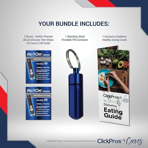 ReliOn Reli On Premier شرائط اختبار نسبة الجلوكوز في الدم، 2 حزمة - 50 قيراط (100 إجمالي) تتضمن "دليل تناول الطعام لمرضى السكري" الحصري من ClickPros وحاوية حبوب منع الحمل المحمولة (4 عناصر)! in Kuwait