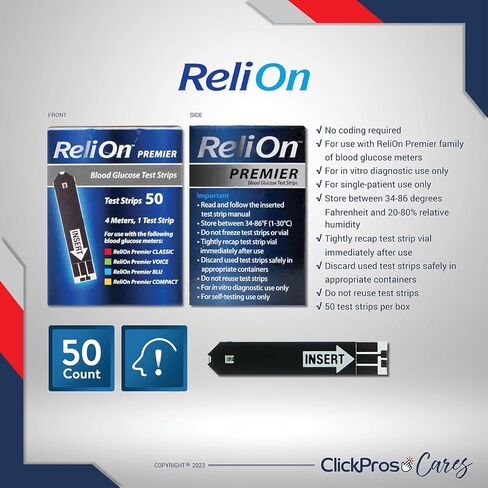 ReliOn Reli On Premier شرائط اختبار نسبة الجلوكوز في الدم، 2 حزمة - 50 قيراط (100 إجمالي) تتضمن "دليل تناول الطعام لمرضى السكري" الحصري من ClickPros وحاوية حبوب منع الحمل المحمولة (4 عناصر)! in Kuwait