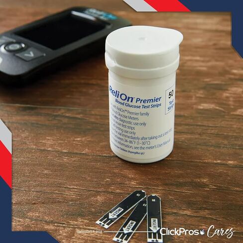 ReliOn Reli On Premier شرائط اختبار نسبة الجلوكوز في الدم، 2 حزمة - 50 قيراط (100 إجمالي) تتضمن "دليل تناول الطعام لمرضى السكري" الحصري من ClickPros وحاوية حبوب منع الحمل المحمولة (4 عناصر)! in Kuwait