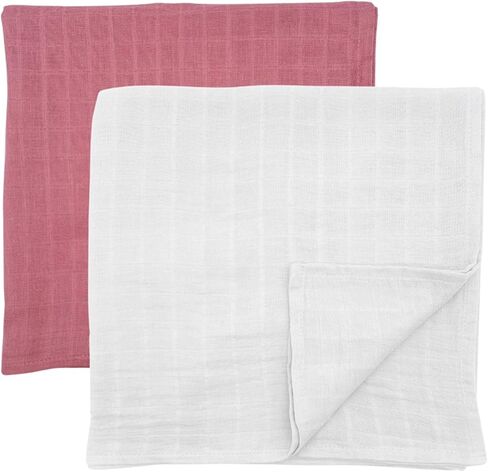 Cotton Muslin Swaddle Baby Blankets 2 Pieces Set (White/Dusty Rose) in Kuwait