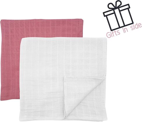 Cotton Muslin Swaddle Baby Blankets 2 Pieces Set (White/Dusty Rose) in Kuwait