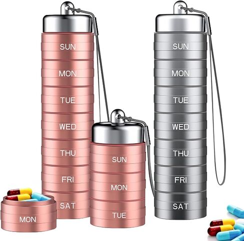 Metal Weekly Pill Organizer, 2PCS Waterproof Pill Organizer Aluminum Alloy Travel Pill Box, Portable 7 Day Vitamin Organizer Stackable, Pill Container to Hold Vitamin, Fish Oil (Rose Gold, Silver) in Kuwait