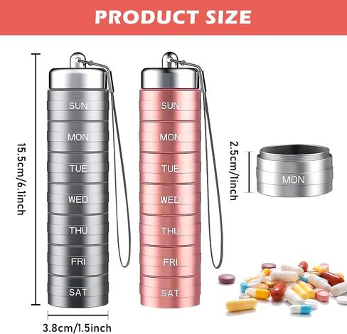 Metal Weekly Pill Organizer, 2PCS Waterproof Pill Organizer Aluminum Alloy Travel Pill Box, Portable 7 Day Vitamin Organizer Stackable, Pill Container to Hold Vitamin, Fish Oil (Rose Gold, Silver) in Kuwait
