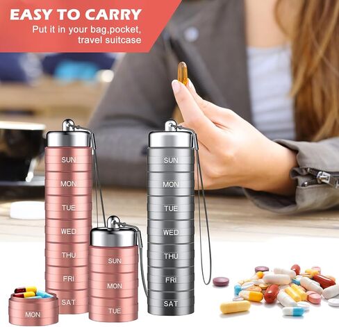 Metal Weekly Pill Organizer, 2PCS Waterproof Pill Organizer Aluminum Alloy Travel Pill Box, Portable 7 Day Vitamin Organizer Stackable, Pill Container to Hold Vitamin, Fish Oil (Rose Gold, Silver) in Kuwait