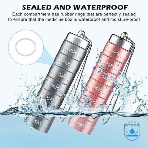 Metal Weekly Pill Organizer, 2PCS Waterproof Pill Organizer Aluminum Alloy Travel Pill Box, Portable 7 Day Vitamin Organizer Stackable, Pill Container to Hold Vitamin, Fish Oil (Rose Gold, Silver) in Kuwait