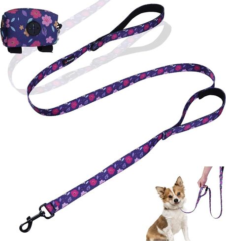 Foxyep Dog Leash 2 مقابض بمقبض مبطن لمزيد من التحكم، مع حقيبة أنبوب الكلب لطيف فتاة الكلب المقود تصميم زهرة للكلاب الصغيرة والمتوسطة الكبيرة، جرو (الوردي الأسود والوردي) in Kuwait