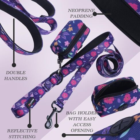 Foxyep Dog Leash 2 مقابض بمقبض مبطن لمزيد من التحكم، مع حقيبة أنبوب الكلب لطيف فتاة الكلب المقود تصميم زهرة للكلاب الصغيرة والمتوسطة الكبيرة، جرو (الوردي الأسود والوردي) in Kuwait