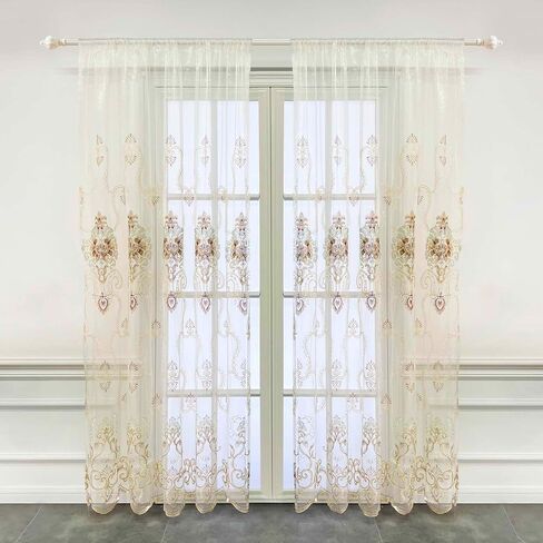 Embroidered Grommet Curtains European Floral Luxury Curtains Semi Blackout Curtains for Living Room/Bedroom 1 Panel Thermal Insulated Window Treatment Drapes Eyelet Curtains W40 x L84 inch in Saudi Arabia