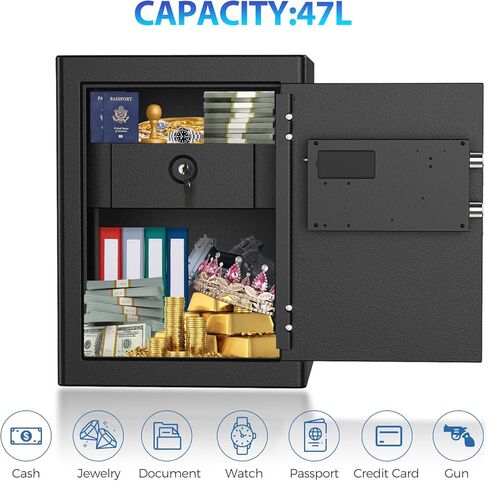 صندوق أمان مقاوم للحريق من WASJOYE، صندوق آمن بيومتري مع صندوق قفل مقاوم للحريق، مع لوحة مفاتيح رقمية، 2.0 قدم مكعب آمن لبصمة الإصبع للمنزل والمكتب والفندق والمجوهرات والوثائق النقدية وتخزين الأشياء الثمينة in Kuwait