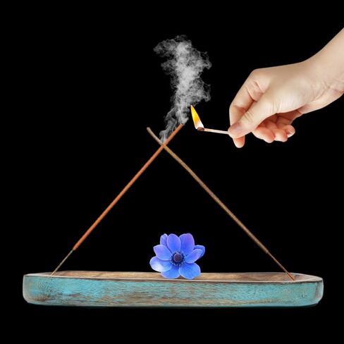 حامل اعواد بخور اجارباتي الخشبية من هانديكرافت ستوريروم، حامل اعواد البخور لديكور المنزل، صينية بخور خشبية مصنوعة من خشب المانجو (11 × 4 × 1 انش) in Kuwait