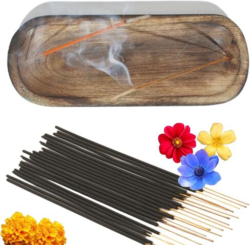حامل اعواد بخور اجارباتي الخشبية من هانديكرافت ستوريروم، حامل اعواد البخور لديكور المنزل، صينية بخور خشبية مصنوعة من خشب المانجو (11 × 4 × 1 انش) in Kuwait