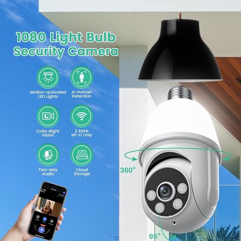 كاميرا مراقبة SJCODE 1080P بمصباح كهربائي مع ضوء، مراقبة لاسلكية داخلية وخارجية واي فاي، كشف الإنسان، عرض مباشر، رؤية ليلية ملونة، بانورامية 360 درجة، صوت ثنائي الاتجاه، تخزين سحابي in Kuwait