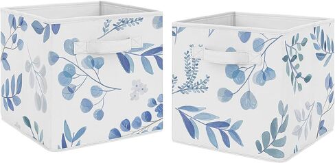 Sweet Jojo Designs Floral Leaf Foldable Fabric Storage Cube Bins Boxes Organizer Toys Kids Baby Childrens - Set of 2 - Blue Grey and White Boho Watercolor Botanical Flower Woodland Tropical Garden in Saudi Arabia
