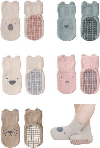 Suxgumoe Baby Non Grip Socks, 5 Pairs Cute Animal Cartoon Socks Crew Cotton Socks with Grips for Girls Boys in Saudi Arabia