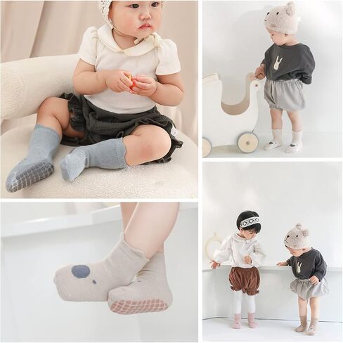 Suxgumoe Baby Non Grip Socks, 5 Pairs Cute Animal Cartoon Socks Crew Cotton Socks with Grips for Girls Boys in Saudi Arabia