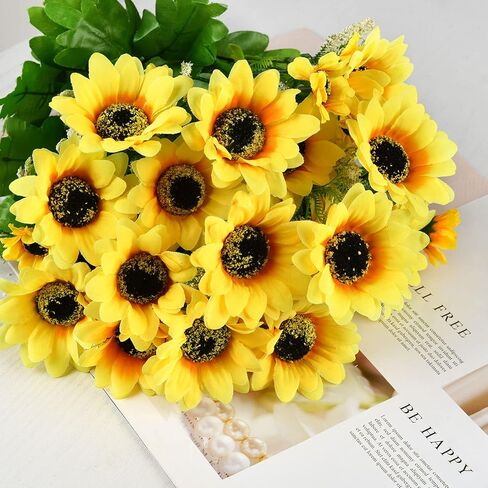 باقة عباد الشمس الاصطناعية من Lvydec، 19 بوصة كبيرة من عباد الشمس باقة عباد الشمس الحريرية مع جذع لتزيين المنزل وحفلات الزفاف in Kuwait