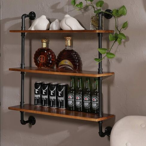 رفوف الأنابيب الصناعية MOCOME مقاس 27.5 بوصة ث رف خشبي عائم ريفي مثبت على الحائط أرفف صناعية للمزرعة مع لوح خشب الصنوبر الصلب الطبيعي للحمام وغرفة المعيشة والمطبخ (3 طبقات، بني) in Kuwait