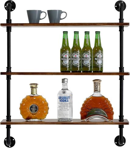 رفوف الأنابيب الصناعية MOCOME مقاس 27.5 بوصة ث رف خشبي عائم ريفي مثبت على الحائط أرفف صناعية للمزرعة مع لوح خشب الصنوبر الصلب الطبيعي للحمام وغرفة المعيشة والمطبخ (3 طبقات، بني) in Kuwait