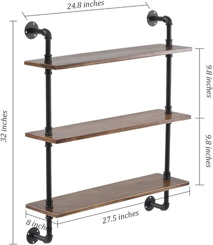 رفوف الأنابيب الصناعية MOCOME مقاس 27.5 بوصة ث رف خشبي عائم ريفي مثبت على الحائط أرفف صناعية للمزرعة مع لوح خشب الصنوبر الصلب الطبيعي للحمام وغرفة المعيشة والمطبخ (3 طبقات، بني) in Kuwait