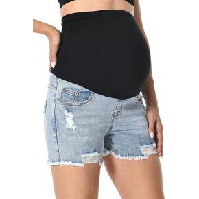 V VOCNI Maternity Denim Shorts Over The Belly Cotton Elastic Belly Band Fringe Hem Pregnancy Jean Shorts in Kuwait