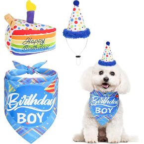 Dog Birthday Bandana Hat with Cake Plush Squeak Toy - Birthday Boy Triangle Scarf and Adjustable Polka Dot Hat, Cute Birthday Party Supplies for Small and Medium Dogs and Cats