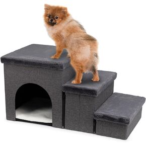 Hollypet Dog Stairs for Small Medium Large Dogs with Storage and Adjustable Steps, Foldable Dog Steps for High Beds and Couch, Non-Slip 3-Step Gray Folding Cat Dog Ramp with Zip up to 200 lbs in Kuwait