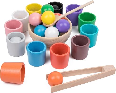 Auvewilo Wooden Balls and Cups Color Sorting Montessori Toy, Pairing Game Set for Kids in Kuwait