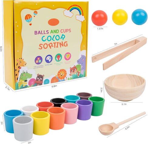 Auvewilo Wooden Balls and Cups Color Sorting Montessori Toy, Pairing Game Set for Kids in Kuwait