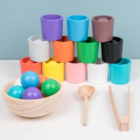 Auvewilo Wooden Balls and Cups Color Sorting Montessori Toy, Pairing Game Set for Kids in Kuwait