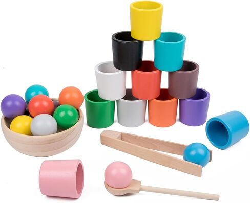 Auvewilo Wooden Balls and Cups Color Sorting Montessori Toy, Pairing Game Set for Kids in Kuwait
