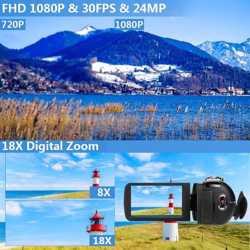 كاميرا VZFIT Full HD 1080p 30FPS كاميرا 24MP 18x كاميرا تسجيل فيديو بتكبير رقمي مع جهاز تحكم عن بعد ووظيفة الإيقاف المؤقت مناسبة للسفر in Kuwait