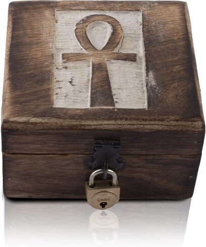 صندوق مجوهرات خشبي مزخرف مصنوع يدويًا مع منظم مجوهرات نحت عنخ، صندوق تذكار، صندوق كنز، حامل حلية، صندوق تخزين، صندوق قفل، 4 × 4 بوصات، هدايا الانتقال لمنزل جديد (أزرق) in Kuwait