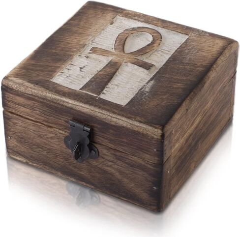 صندوق مجوهرات خشبي مزخرف مصنوع يدويًا مع منظم مجوهرات نحت عنخ، صندوق تذكار، صندوق كنز، حامل حلية، صندوق تخزين، صندوق قفل، 4 × 4 بوصات، هدايا الانتقال لمنزل جديد (أزرق) in Kuwait