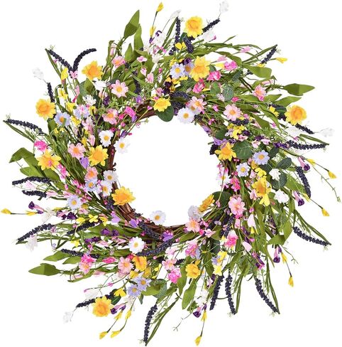 20" Artificial Daisy Flower Wreath - Silk Floral Wreath Yellow Flower Wreath Artificial Spring and Summer Wreath Front Door Wreath for Home Kitchen Wall Door Decor in Kuwait