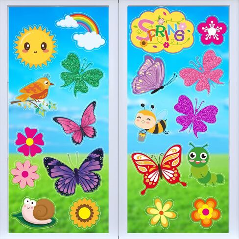 Spring Window Clings for Kids Glitter Butterfly Flower Double-Sided Window Decals Large Size Window Stickers for Baby Shower Spring Themed Party Decoration in Saudi Arabia